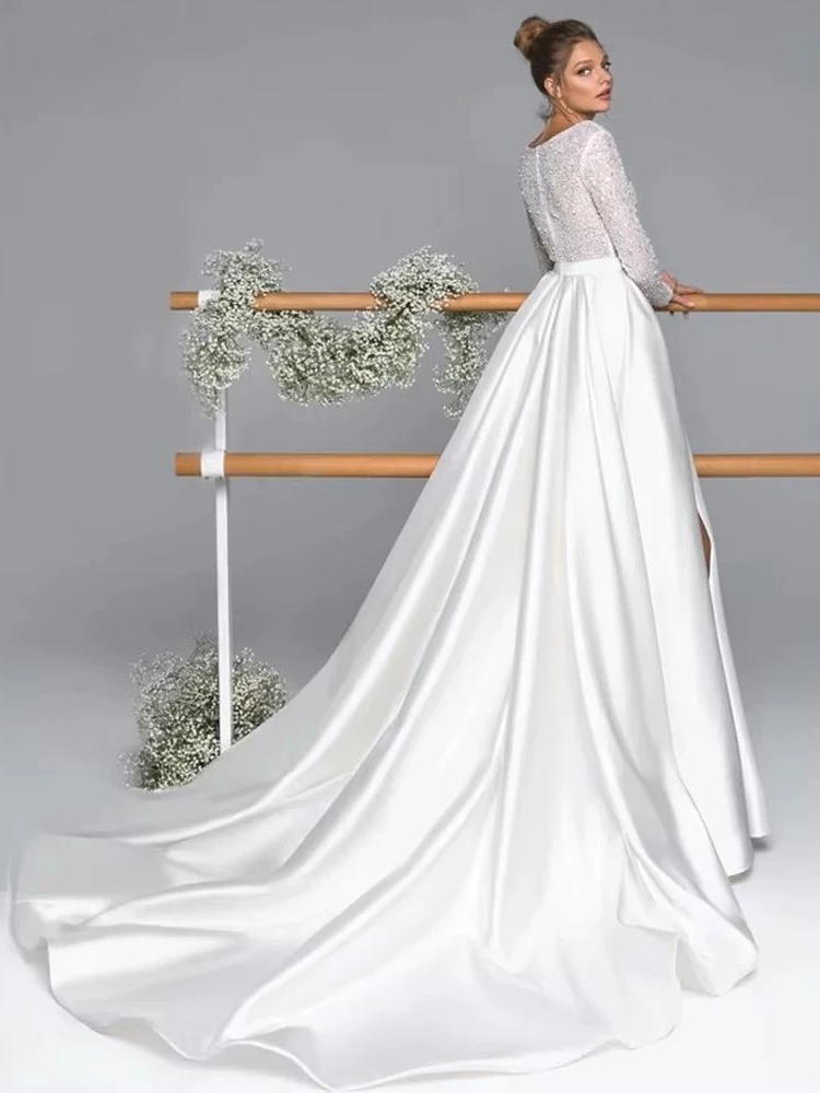 Luxury Long Sleeve Satin Wedding Dress Deep V-Neck Side Split Bridal Gown Vestido De Novia Train Vestidos De Novia Customized 2 Luxury Long Sleeve Satin Wedding Dress Deep V-Neck Side Split Bridal Gown Vestido De Novia Train Vestidos De Novia Customized – Image 2