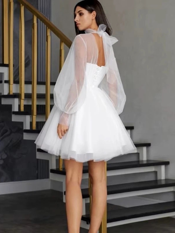 White Short Wedding Dresses for Women 2025 Bride A Line Wedding Gown Long Puff Sleeve Illusion High Collar Sweetie Customized 2 White Short Wedding Dresses for Women 2025 Bride A Line Wedding Gown Long Puff Sleeve Illusion High Collar Sweetie Customized – Image 2
