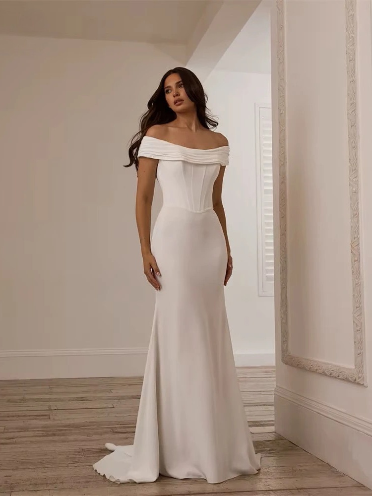 Modern Off The Shoulder Boat-Neck Pleat Wedding Dress Women 2025 Open Back Sweep Train Bridal Gown Vestidos De Noiva Customized 1 Modern Off The Shoulder Boat-Neck Pleat Wedding Dress Women 2025 Open Back Sweep Train Bridal Gown Vestidos De Noiva Customized