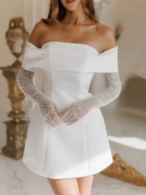 Simple A-Line Mini Wedding Dresses Elegant Long Sleeves Pleat Pearls Strapless Sexy Backless with Lace Up Short Gowns Customized 6 S1999e36c078e4b6f85d68fc9d226d74aF Cropped
