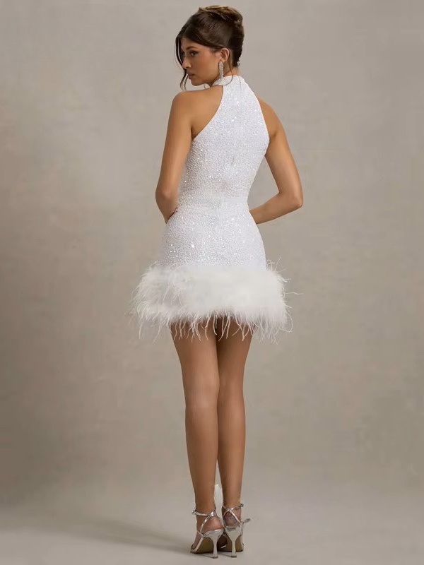 Exquisite Mermaid White Mini Wedding Dress Sexy Sleeveless Halter Pleat Shiny Beading Sequined Feathers Formal Gown Customized 2 Exquisite Mermaid White Mini Wedding Dress Sexy Sleeveless Halter Pleat Shiny Beading Sequined Feathers Formal Gown Customized – Image 2