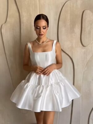 SoDigne Simple Short Wedding Dresses A-line Square Collar Bride Dress Mini Satin Bridal Gown Vestido De Noiva Customized