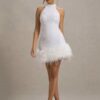 Exquisite Mermaid White Mini Wedding Dress Sexy Sleeveless Halter Pleat Shiny Beading Sequined Feathers Formal Gown Customized 6 S21517e7f22b7425c982a5025a8db9c0cW Cropped