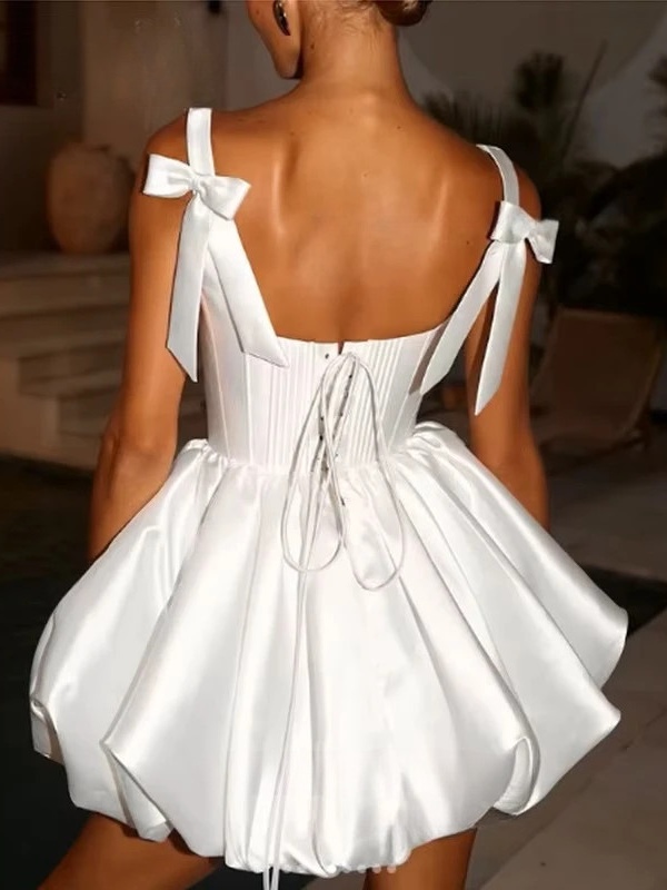 Simple Square Collar Satin Mini Wedding Dress Spaghetti Straps Ball Gowns 2025 Pleat Bow Backless Lace Up Short Gowns Customized 2 Simple Square Collar Satin Mini Wedding Dress Spaghetti Straps Ball Gowns 2025 Pleat Bow Backless Lace Up Short Gowns Customized – Image 2