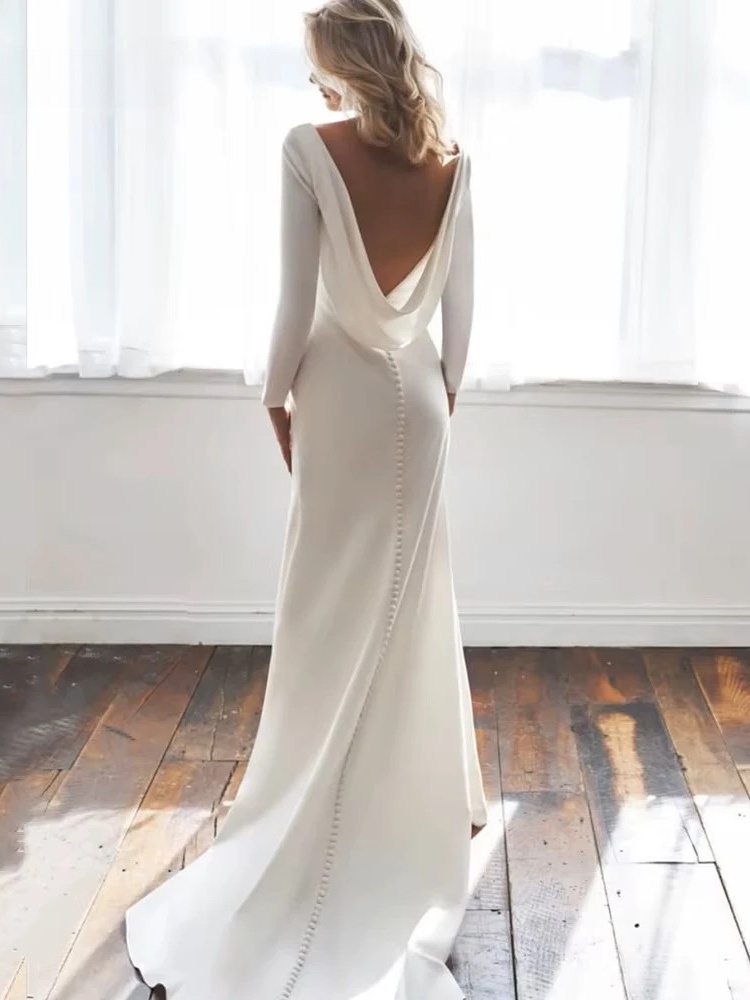 Long Sleeves Mermaid Back Cowl Wedding Dresses O-neck Beach Backless Bridal Party Gown Vestido De Novia Sweep Train Customized 4 Long Sleeves Mermaid Back Cowl Wedding Dresses O-neck Beach Backless Bridal Party Gown Vestido De Novia Sweep Train Customized – Image 4