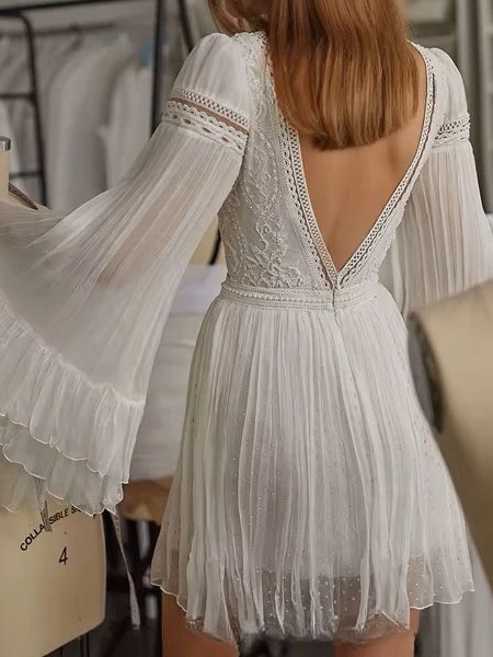 Exquisite Ivory Lace A-Line Mini Wedding Dress Sexy Deep V-Neck Long Sleeves Pleat Open Back Chiffon Short Dress Gown Customized 2 Exquisite Ivory Lace A-Line Mini Wedding Dress Sexy Deep V-Neck Long Sleeves Pleat Open Back Chiffon Short Dress Gown Customized – Image 2