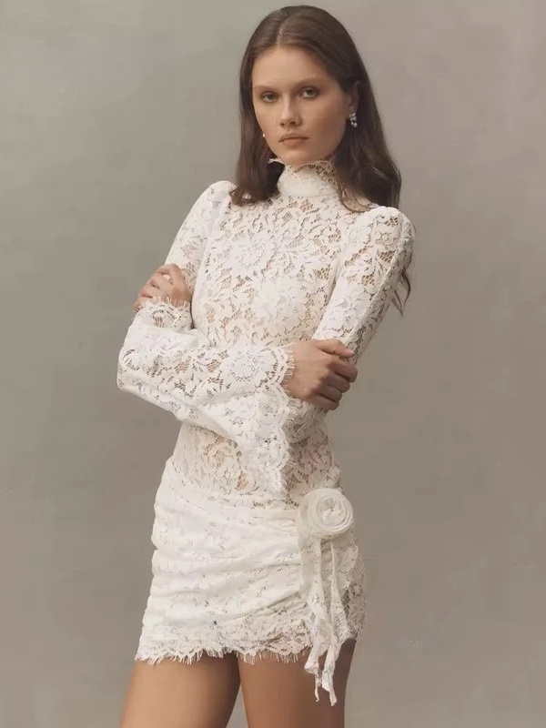 Classic Lace Appliques Mini Wedding Dresses Sexy Sheath Long Sleeves High Neck Bride Dress Anove Knee Pleat Lace Up Customized 3 Classic Lace Appliques Mini Wedding Dresses Sexy Sheath Long Sleeves High Neck Bride Dress Anove Knee Pleat Lace Up Customized – Image 3