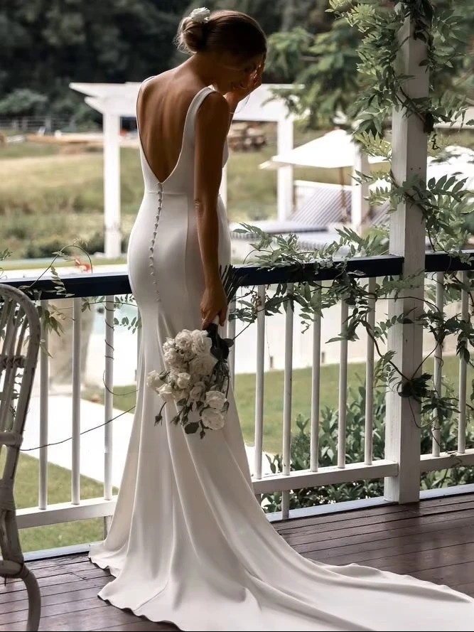 SoDigne Satin Simple Mermaid Wedding Dresses V-neck Sleeveless Elegant Bridal Dress Split Long Bride Gown vestidos de novia 2 SoDigne Satin Simple Mermaid Wedding Dresses V-neck Sleeveless Elegant Bridal Dress Split Long Bride Gown vestidos de novia – Image 2