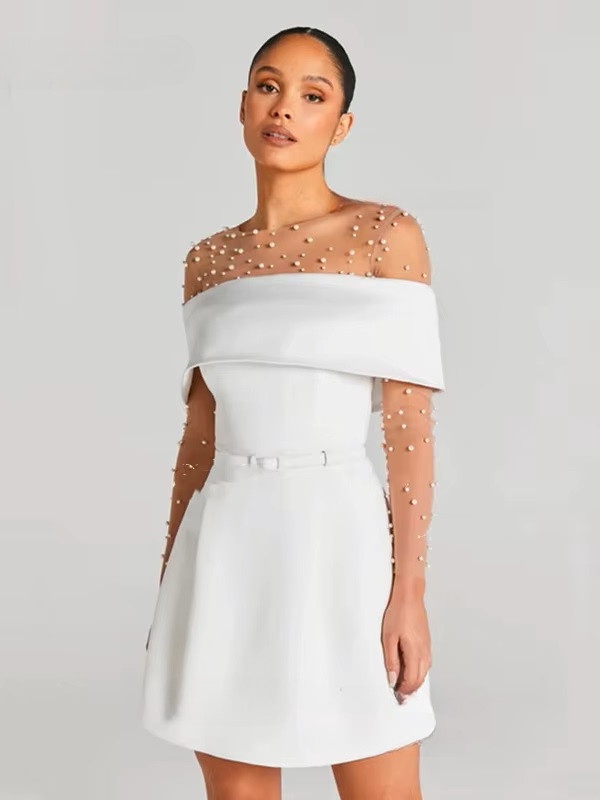 Customized Modern Mini Satin Wedding Dresses Sexy Boat Neck Pleat Pearls Long Sleeves Bride Dresses Sexy Backless Wedding Gowns 3 Customized Modern Mini Satin Wedding Dresses Sexy Boat Neck Pleat Pearls Long Sleeves Bride Dresses Sexy Backless Wedding Gowns – Image 3