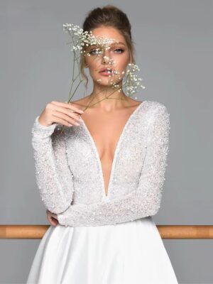 Luxury Long Sleeve Satin Wedding Dress Deep V-Neck Side Split Bridal Gown Vestido De Novia Train Vestidos De Novia Customized 6 S37a8a3950c614947a45e7cd33c92658ai Cropped