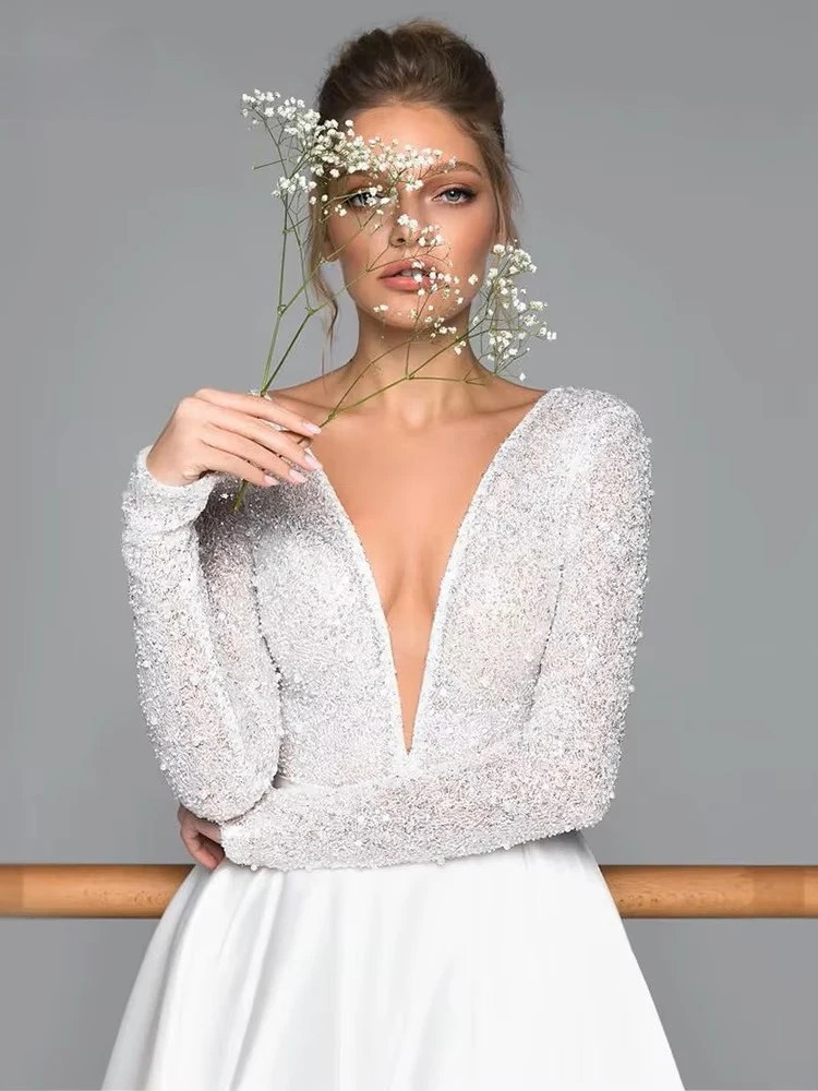 Luxury Long Sleeve Satin Wedding Dress Deep V-Neck Side Split Bridal Gown Vestido De Novia Train Vestidos De Novia Customized 3 Luxury Long Sleeve Satin Wedding Dress Deep V-Neck Side Split Bridal Gown Vestido De Novia Train Vestidos De Novia Customized – Image 3