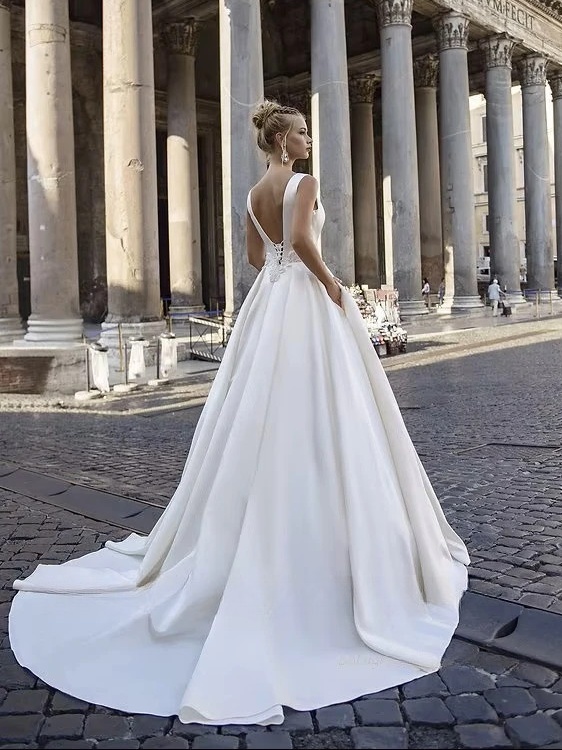 SoDigne Satin Simple A-line Wedding Dress O-neck Sleeveless Appliques Bride Dresses Long Elegant Bridal Gown Vestido De Noiva 2 SoDigne Satin Simple A-line Wedding Dress O-neck Sleeveless Appliques Bride Dresses Long Elegant Bridal Gown Vestido De Noiva – Image 2
