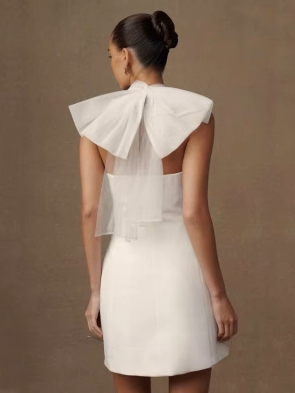 Simple Mini Mermaid Satin Wedding Dress Sexy Sleeveless Tulle Hatler Formal Pleat Open Back with Bow Boho Short Grown Customized 4 Simple Mini Mermaid Satin Wedding Dress Sexy Sleeveless Tulle Hatler Formal Pleat Open Back with Bow Boho Short Grown Customized – Image 4