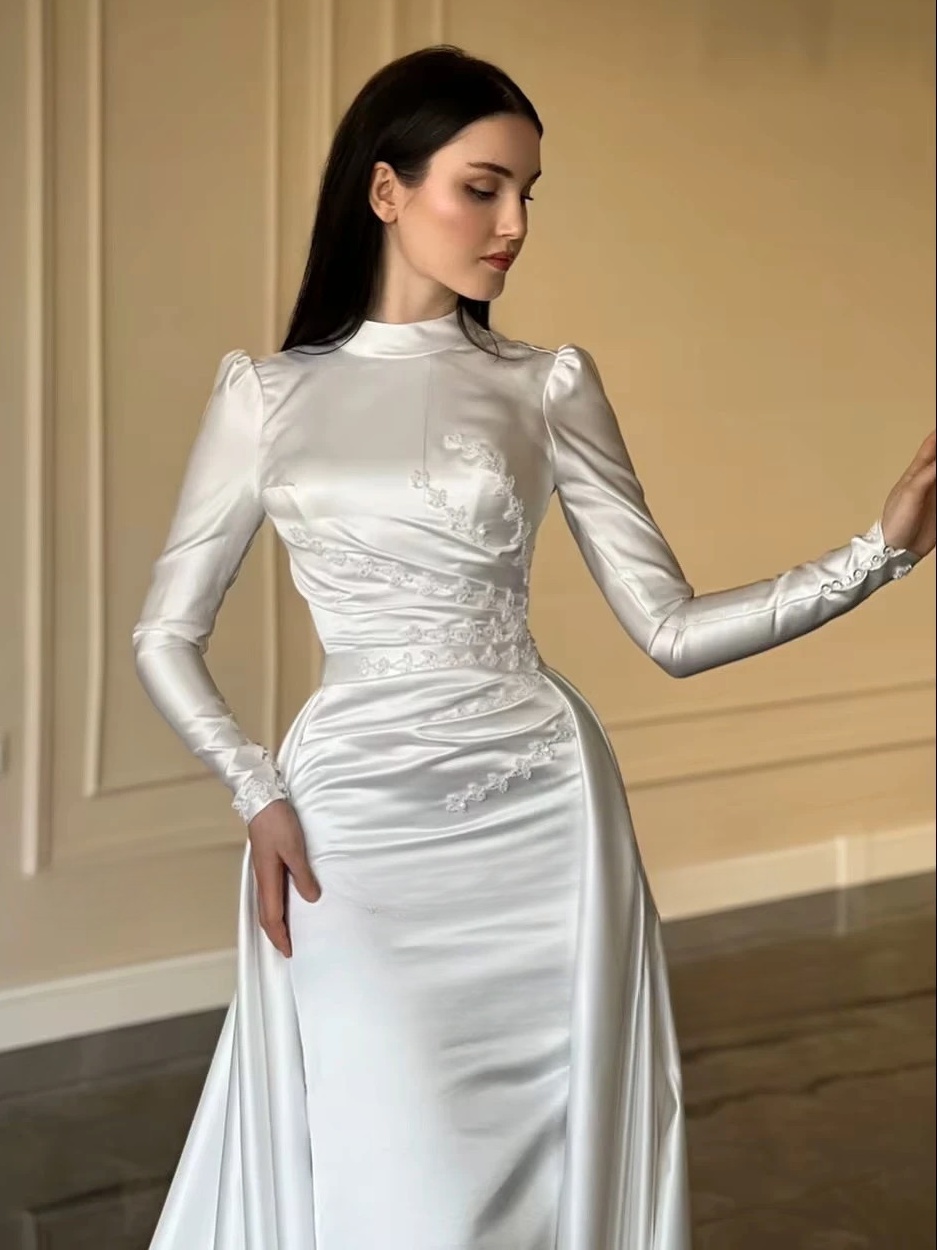 SoDigne Mermaid Satin Wedding Dresses High Neck Full Sleeves Bridal Dress Detachable Train Bride Gown Robe De Mairee Customized 2 SoDigne Mermaid Satin Wedding Dresses High Neck Full Sleeves Bridal Dress Detachable Train Bride Gown Robe De Mairee Customized – Image 2