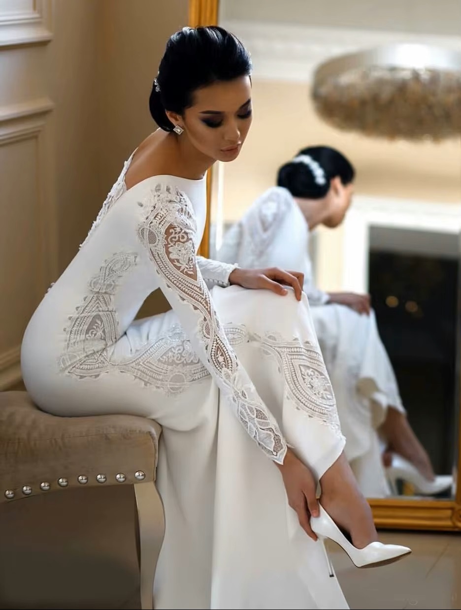 SoDigne Muslim Mermaid Satin Lace Wedding Dresses For Women 2023 Long Sleeves Arabic Bridal Dress Elegant Bride Gown Customized 3 SoDigne Muslim Mermaid Satin Lace Wedding Dresses For Women 2023 Long Sleeves Arabic Bridal Dress Elegant Bride Gown Customized – Image 3