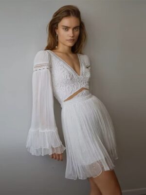 Exquisite Ivory Lace A-Line Mini Wedding Dress Sexy Deep V-Neck Long Sleeves Pleat Open Back Chiffon Short Dress Gown Customized