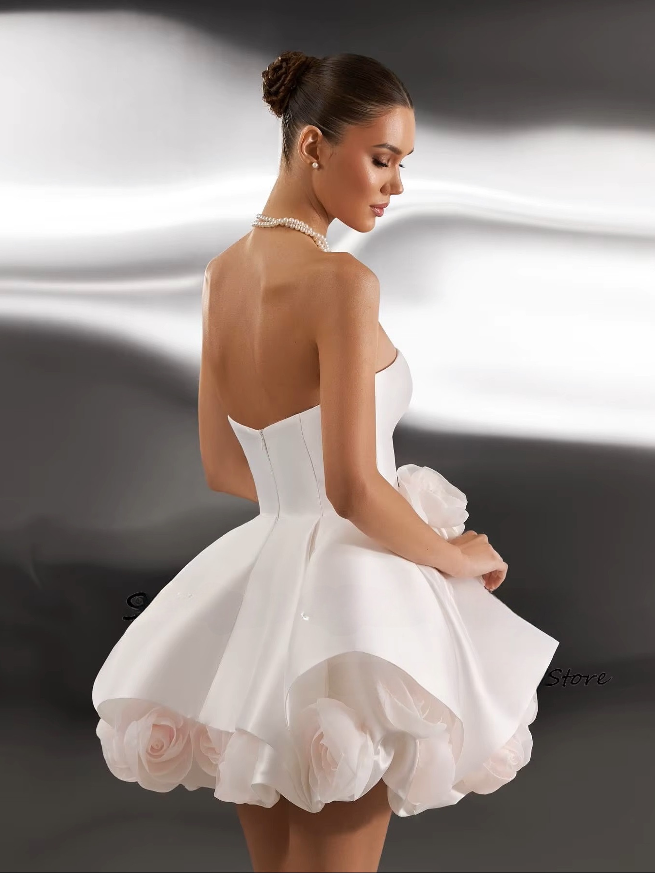 SoDigne A-line Satin Short Wedding Dresses Strapless Sleeveless 3D Flowers Bridal Dress Wedding Gown Robe De Mairee Customized 2 SoDigne A-line Satin Short Wedding Dresses Strapless Sleeveless 3D Flowers Bridal Dress Wedding Gown Robe De Mairee Customized – Image 2