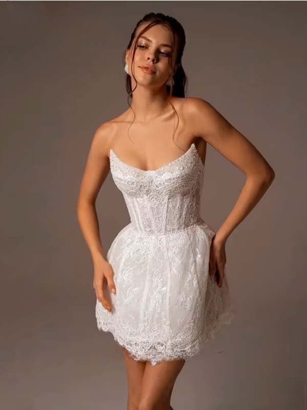 Vintage A-Line Lace Appliques Mini Wedding Dress For Women Simple High Neck Illusion Long Sleeves Gown Short Dress Customized 4 Vintage A-Line Lace Appliques Mini Wedding Dress For Women Simple High Neck Illusion Long Sleeves Gown Short Dress Customized – Image 4