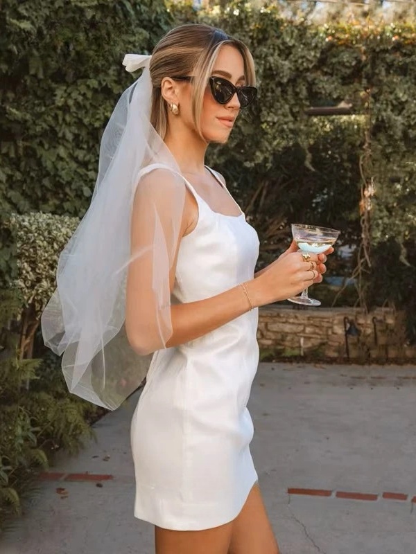 Simple Mini Satin Sleeveless Wedding Dress Square Collar Pleat Spaghetti Straps Sexy Open Back Grown 2025 Short Dress Customized 3 Simple Mini Satin Sleeveless Wedding Dress Square Collar Pleat Spaghetti Straps Sexy Open Back Grown 2025 Short Dress Customized – Image 3