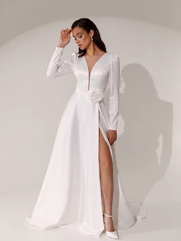 SoDigne A-line Elegant Wedding Dresses V-neck Full Sleeves Stain Bridal Dress Long Bridal Gown vestidos de novia 2025 Customized 4 SoDigne A-line Elegant Wedding Dresses V-neck Full Sleeves Stain Bridal Dress Long Bridal Gown vestidos de novia 2025 Customized – Image 4