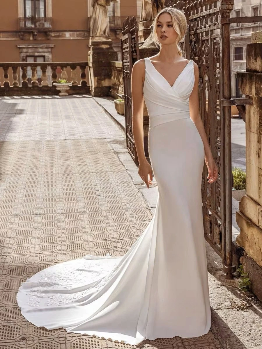 SoDigne Elegant Mermaid Wedding Dresses V-neck Sleeveless Satin Bridal Gown Appliques Long Beach Bridal Dress vestidos de novia 1 SoDigne Elegant Mermaid Wedding Dresses V-neck Sleeveless Satin Bridal Gown Appliques Long Beach Bridal Dress vestidos de novia