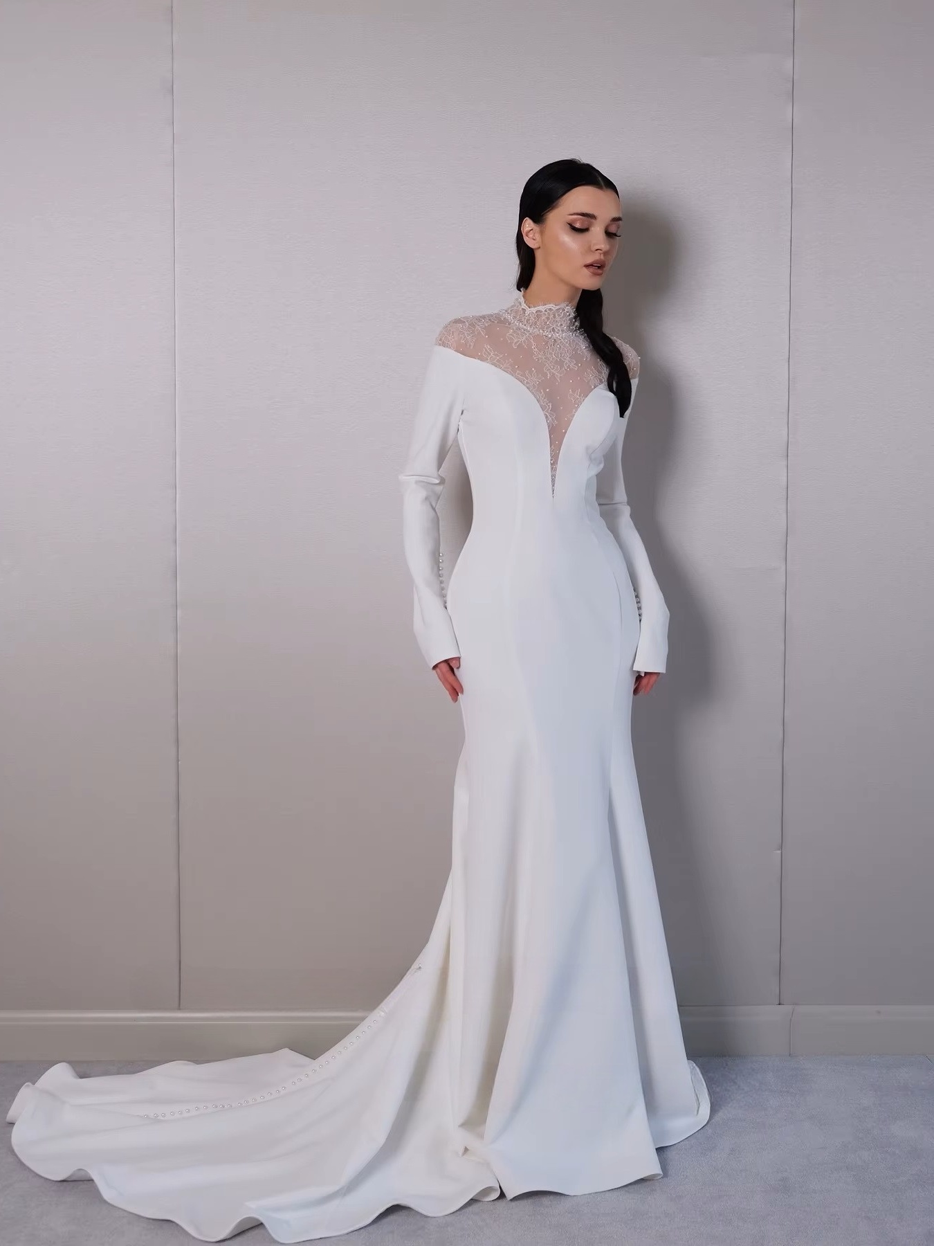 SoDigne Mermaid Lace/Satin Bride Dresses High Neck Full Sleeves Wedding Dress Long Bridal Gowns vestidos de novia Customized 1 SoDigne Mermaid Lace/Satin Bride Dresses High Neck Full Sleeves Wedding Dress Long Bridal Gowns vestidos de novia Customized