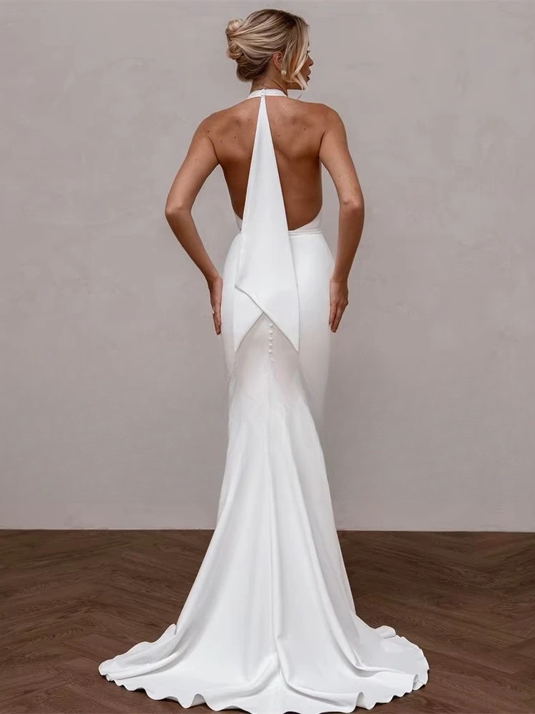 Elegant Mermaid Wedding Dress V-Neck Halter Open Back Simple Buttons Pleat Bridal Gown Sweep Train Vestidos De Noiva Customized 2 Elegant Mermaid Wedding Dress V-Neck Halter Open Back Simple Buttons Pleat Bridal Gown Sweep Train Vestidos De Noiva Customized – Image 2