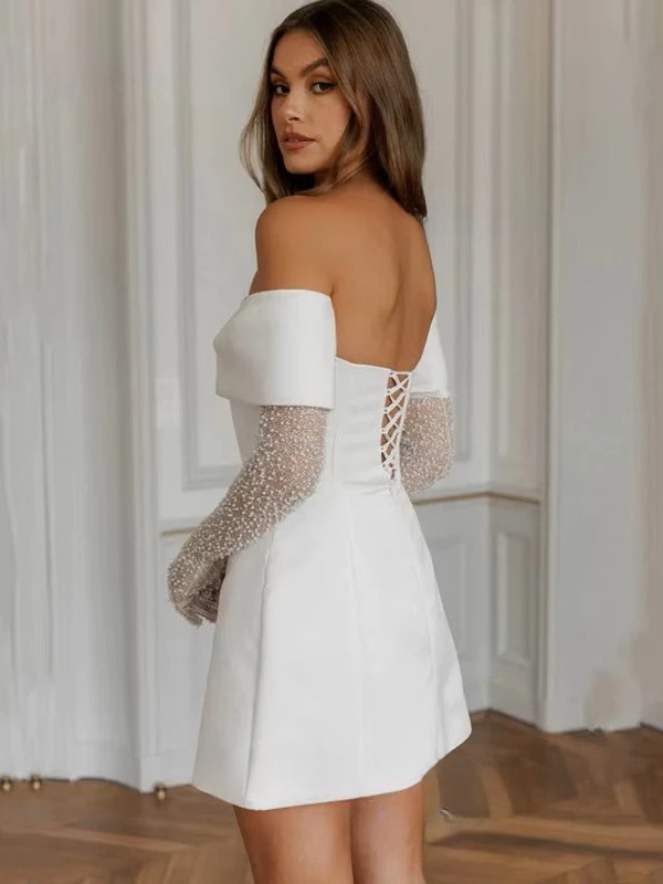 Simple A-Line Mini Wedding Dresses Elegant Long Sleeves Pleat Pearls Strapless Sexy Backless with Lace Up Short Gowns Customized 2 Simple A-Line Mini Wedding Dresses Elegant Long Sleeves Pleat Pearls Strapless Sexy Backless with Lace Up Short Gowns Customized – Image 2