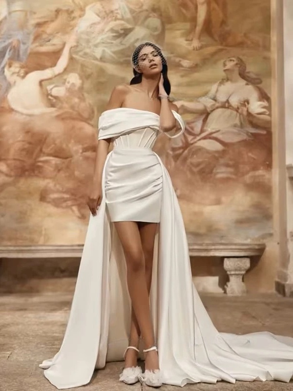 Exquisite Mermaid Wedding Dresses Strapless Pleat Off Shoulder Mini Bride Dresses Sexy Backless Detachable Train Customized 2025 1 Exquisite Mermaid Wedding Dresses Strapless Pleat Off Shoulder Mini Bride Dresses Sexy Backless Detachable Train Customized 2025