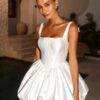 Simple Square Collar Satin Mini Wedding Dress Spaghetti Straps Ball Gowns 2025 Pleat Bow Backless Lace Up Short Gowns Customized 5 S605f093f9d434405b59780a995989253u Cropped