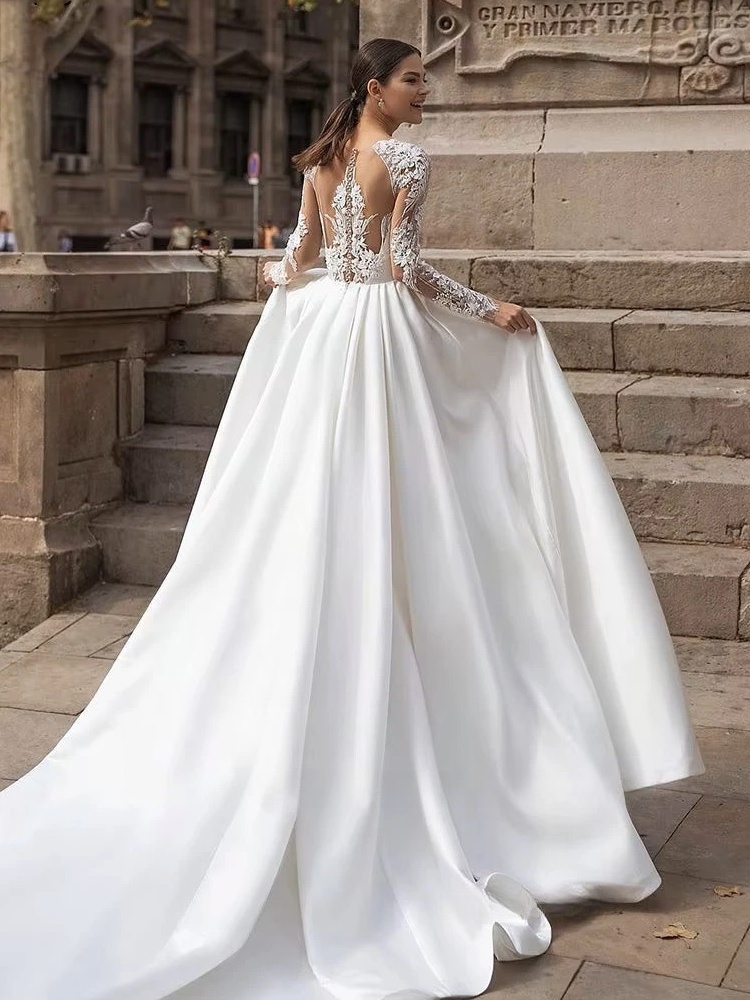 SoDigne A-line Satin Wedding Dresses O-neck Appliques Full Sleeves Bridal Dress Long Bride Gown vestidos de novia Customized 2 SoDigne A-line Satin Wedding Dresses O-neck Appliques Full Sleeves Bridal Dress Long Bride Gown vestidos de novia Customized – Image 2
