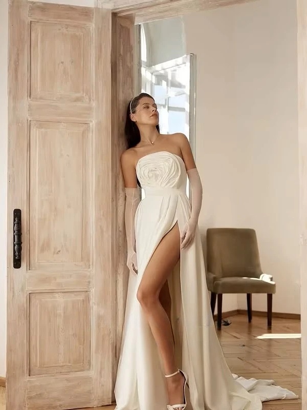 SoDigne A-line Satin Simple Wedding Dresses Strapless Sleeveless Bridal Dress Split Long Wedding Gown Robe De Mairee Customized 1 SoDigne A-line Satin Simple Wedding Dresses Strapless Sleeveless Bridal Dress Split Long Wedding Gown Robe De Mairee Customized