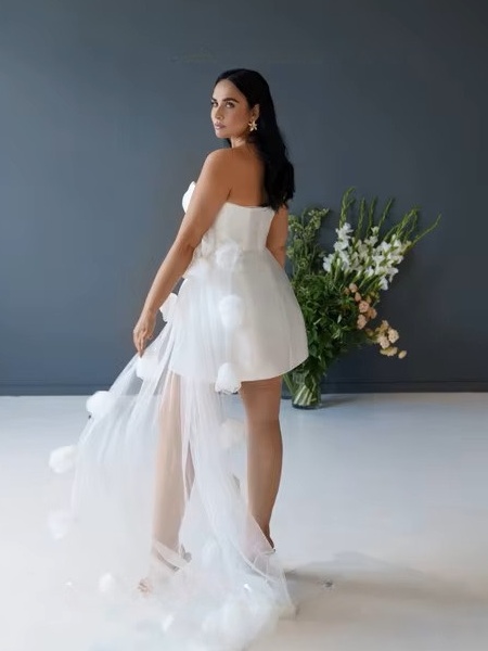 Simple Short Mermaid Wedding Dress Sexy Strapless Sleeveless Backless Dresses Pleat Tulle Flowers Illusion Mini Gowns Customized 2 Simple Short Mermaid Wedding Dress Sexy Strapless Sleeveless Backless Dresses Pleat Tulle Flowers Illusion Mini Gowns Customized – Image 2