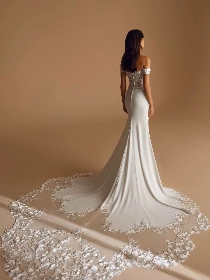 SoDigne Mermaid Off Shoulder Wedding Dresses Full Sleeves Lace Appliques Bridal Dress Soft Satin Bride Gown vestidos de novia  2 SoDigne Mermaid Off Shoulder Wedding Dresses Full Sleeves Lace Appliques Bridal Dress Soft Satin Bride Gown vestidos de novia  – Image 2