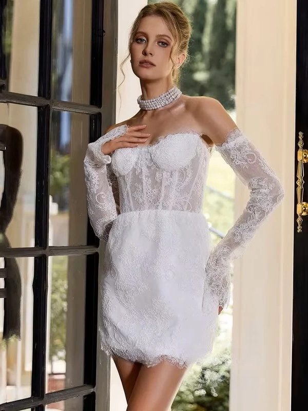 Customized Lace Appliques White Wedding Dresses Mini Strapless Sleeveless Wedding Party Gowns Sexy Backless Short Bride 2025 1 Customized Lace Appliques White Wedding Dresses Mini Strapless Sleeveless Wedding Party Gowns Sexy Backless Short Bride 2025