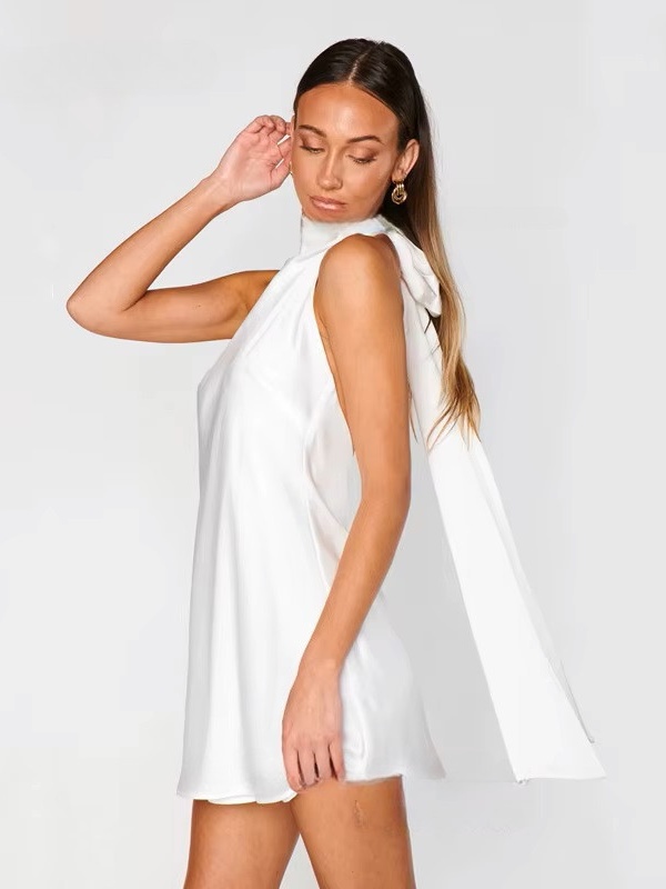 Simple Satin White Sheath Mini Wedding Dress 2025 Sexy Sleeveless High Neck Pleat Bow Elegant Backless Short Gowns Customized 3 Simple Satin White Sheath Mini Wedding Dress 2025 Sexy Sleeveless High Neck Pleat Bow Elegant Backless Short Gowns Customized – Image 3