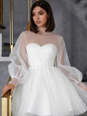 White Short Wedding Dresses for Women 2025 Bride A Line Wedding Gown Long Puff Sleeve Illusion High Collar Sweetie Customized 5 S70ab356a815d4ab6afe8057b22bed8aaw Cropped
