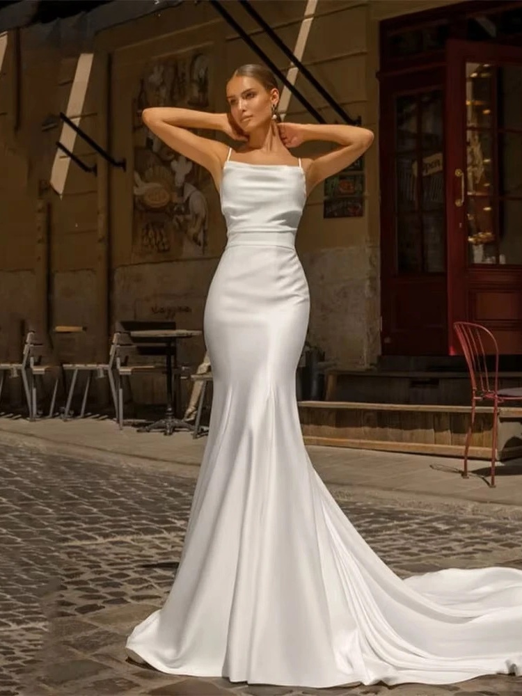 Elegant Mermaid Wedding Dresses Spaghetti Straps Boat-Neck Backless Pleat Bridal Gown Sweep Train Vestidos De Noiva Customized 1 Elegant Mermaid Wedding Dresses Spaghetti Straps Boat-Neck Backless Pleat Bridal Gown Sweep Train Vestidos De Noiva Customized