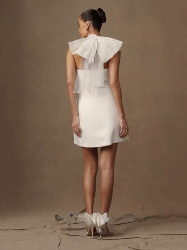 Simple Mini Mermaid Satin Wedding Dress Sexy Sleeveless Tulle Hatler Formal Pleat Open Back with Bow Boho Short Grown Customized 2 Simple Mini Mermaid Satin Wedding Dress Sexy Sleeveless Tulle Hatler Formal Pleat Open Back with Bow Boho Short Grown Customized – Image 2