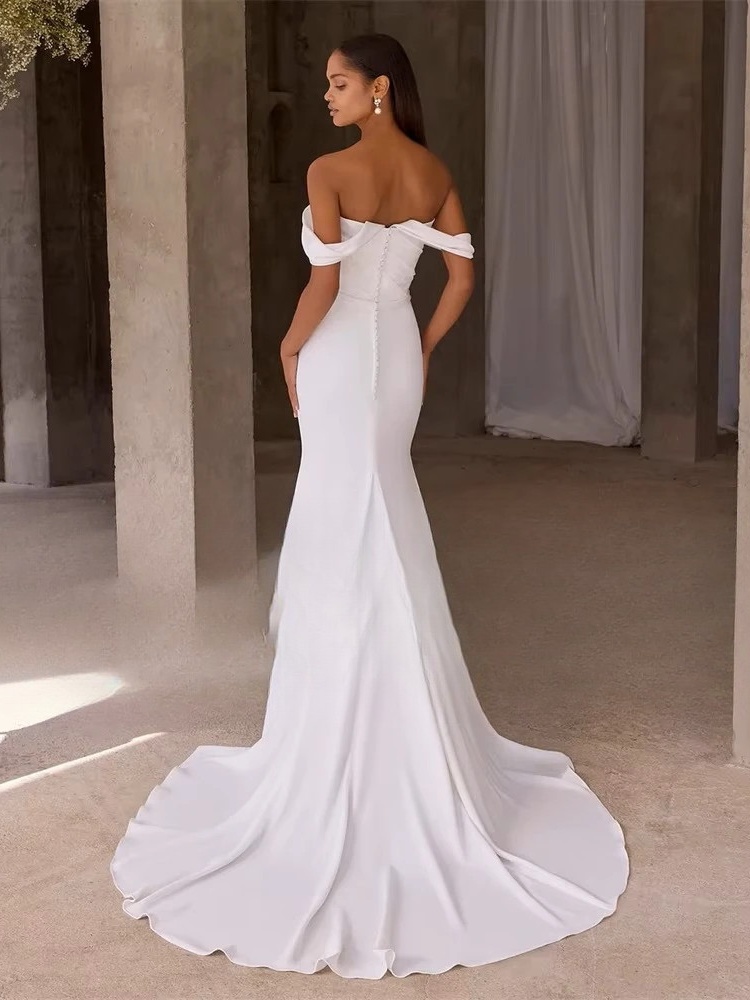 BIGDAY Long Sleeve Off The Shoulder Strapless Pleat Wedding Dress Open Back Sweep Train Bridal Gown Vestido De Noiva Customized 2 BIGDAY Long Sleeve Off The Shoulder Strapless Pleat Wedding Dress Open Back Sweep Train  Bridal Gown Vestido De Noiva Customized – Image 2