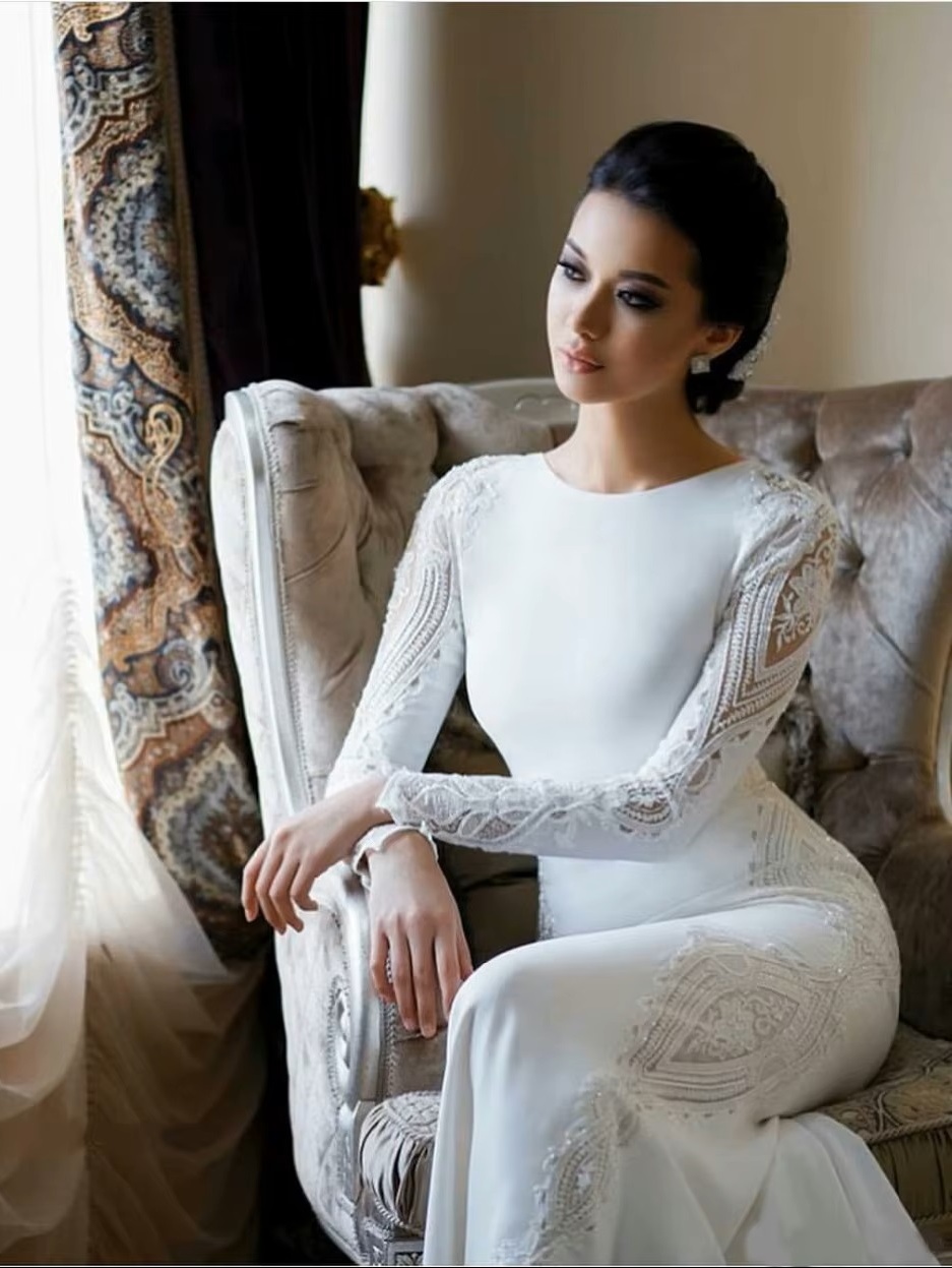 SoDigne Muslim Mermaid Satin Lace Wedding Dresses For Women 2023 Long Sleeves Arabic Bridal Dress Elegant Bride Gown Customized 2 SoDigne Muslim Mermaid Satin Lace Wedding Dresses For Women 2023 Long Sleeves Arabic Bridal Dress Elegant Bride Gown Customized – Image 2