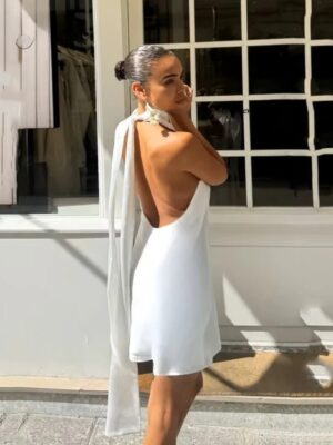 Simple Satin White Sheath Mini Wedding Dress 2025 Sexy Sleeveless High Neck Pleat Bow Elegant Backless Short Gowns Customized 7 S7d2847bb894f42bdab058d7f086681ebp Cropped