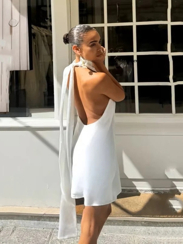 Simple Satin White Sheath Mini Wedding Dress 2025 Sexy Sleeveless High Neck Pleat Bow Elegant Backless Short Gowns Customized 4 Simple Satin White Sheath Mini Wedding Dress 2025 Sexy Sleeveless High Neck Pleat Bow Elegant Backless Short Gowns Customized – Image 4
