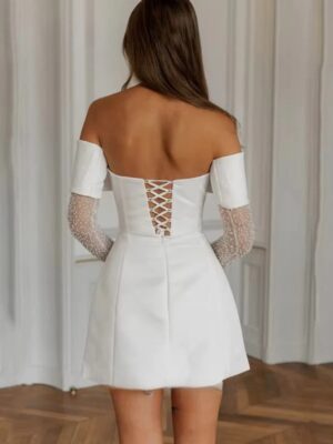 Simple A-Line Mini Wedding Dresses Elegant Long Sleeves Pleat Pearls Strapless Sexy Backless with Lace Up Short Gowns Customized 7 S80e43700c31a480b92c7130e7834e621H Cropped