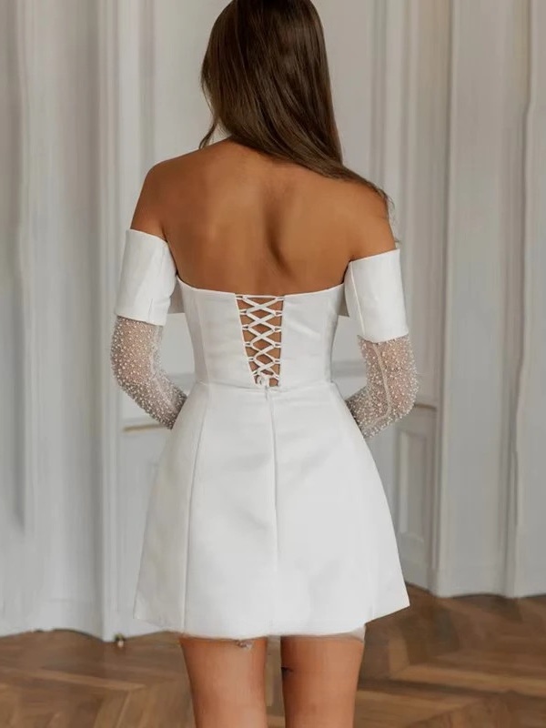 Simple A-Line Mini Wedding Dresses Elegant Long Sleeves Pleat Pearls Strapless Sexy Backless with Lace Up Short Gowns Customized 4 Simple A-Line Mini Wedding Dresses Elegant Long Sleeves Pleat Pearls Strapless Sexy Backless with Lace Up Short Gowns Customized – Image 4