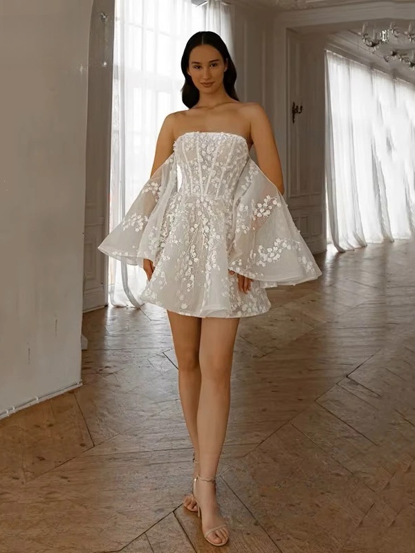 Vintage A-Line Short Wedding Dress Simple Strapless Off Shoulder Pleated Appliques Sexy Backless Lace Up Bridal Gowns Customized 1 Vintage A-Line Short Wedding Dress Simple Strapless Off Shoulder Pleated Appliques Sexy Backless Lace Up Bridal Gowns Customized