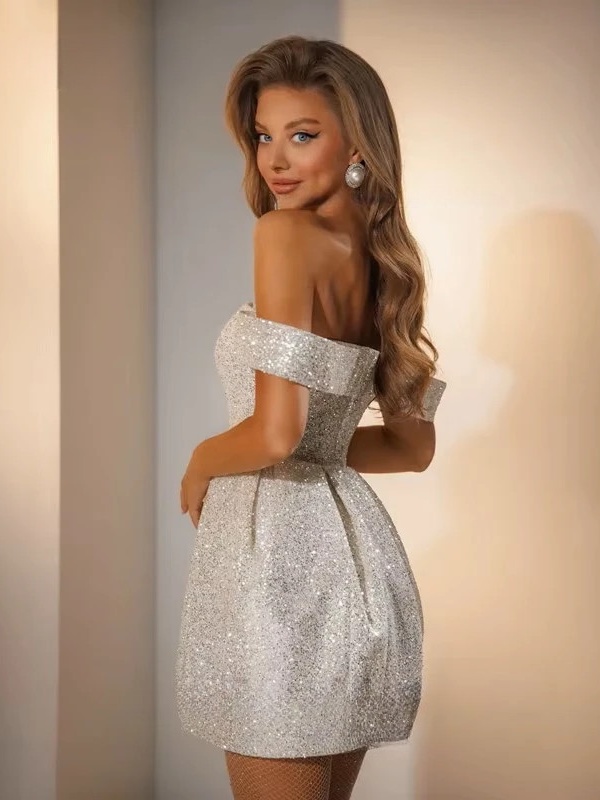 Luxury Shiny Sequined Mini Wedding Dress Simple Off Shoulder Strapless Bridal Sexy Backless Sleeveless Above Knee Customized 2 Luxury Shiny Sequined Mini Wedding Dress Simple Off Shoulder Strapless Bridal Sexy Backless Sleeveless Above Knee Customized – Image 2