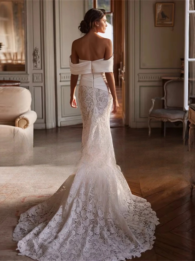 BIGDAY Luxury Lace Mermaid Wedding Dress Women Off The Shoulder Pleat Open Back V-Neck Bridal Gown Vestido De Noiva Customized 2 BIGDAY Luxury Lace Mermaid Wedding Dress Women Off The Shoulder Pleat Open Back V-Neck Bridal Gown Vestido De Noiva Customized – Image 2