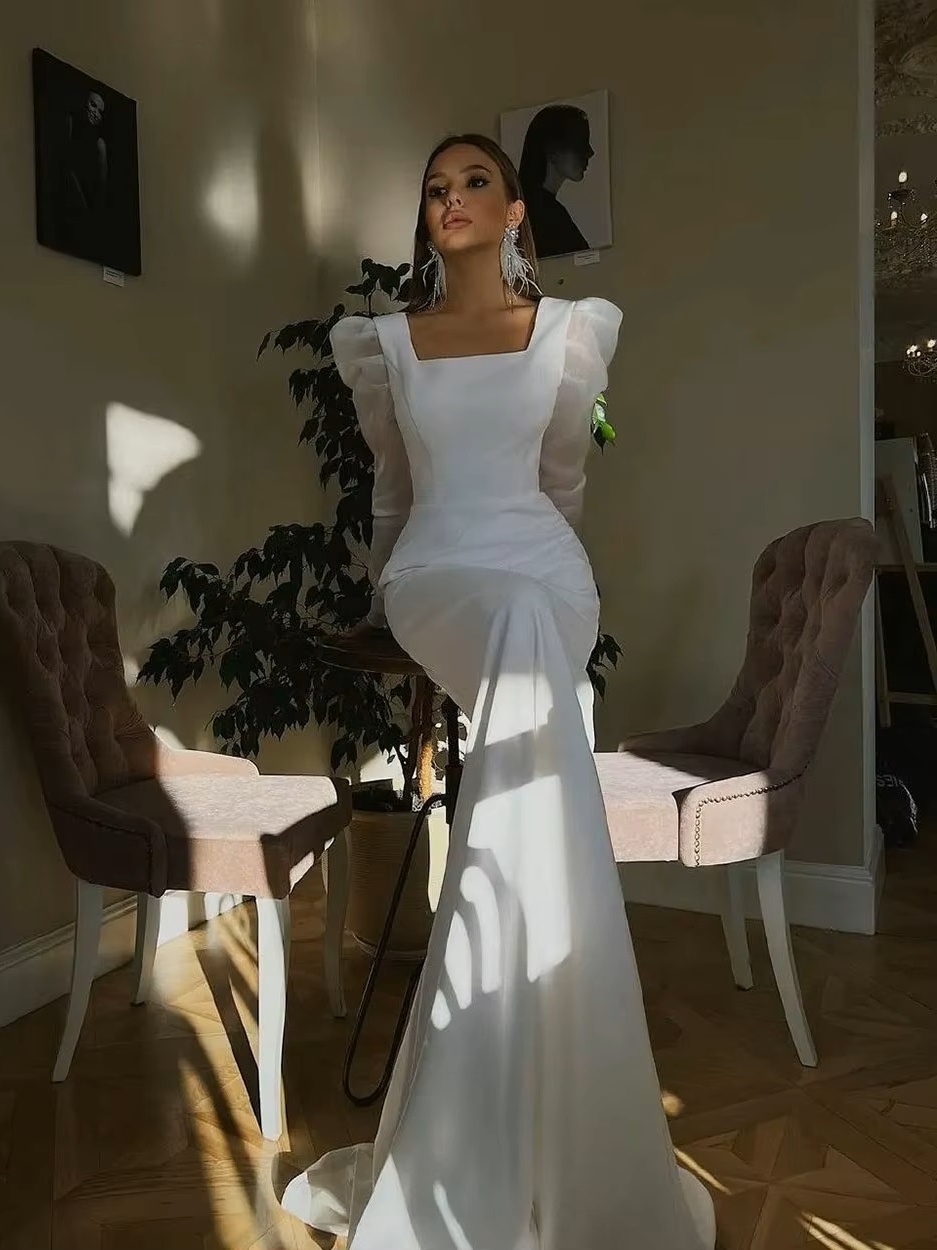 SoDigne Classic Satin Wedding Dresses Mermaid Puff Sleeves Square Neck Bridal Gown With Button Wedding Party Dress 3 SoDigne Classic Satin Wedding Dresses Mermaid Puff Sleeves Square Neck Bridal Gown With Button Wedding Party Dress – Image 3