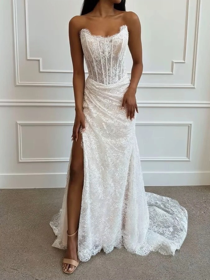 SoDigne Mermaid Lace Wedding Dresses Strapless Sleeveless Bridal Dress Customized Women Split Long Wedding Gown 2 SoDigne Mermaid Lace Wedding Dresses Strapless Sleeveless Bridal Dress Customized Women Split Long Wedding Gown – Image 2